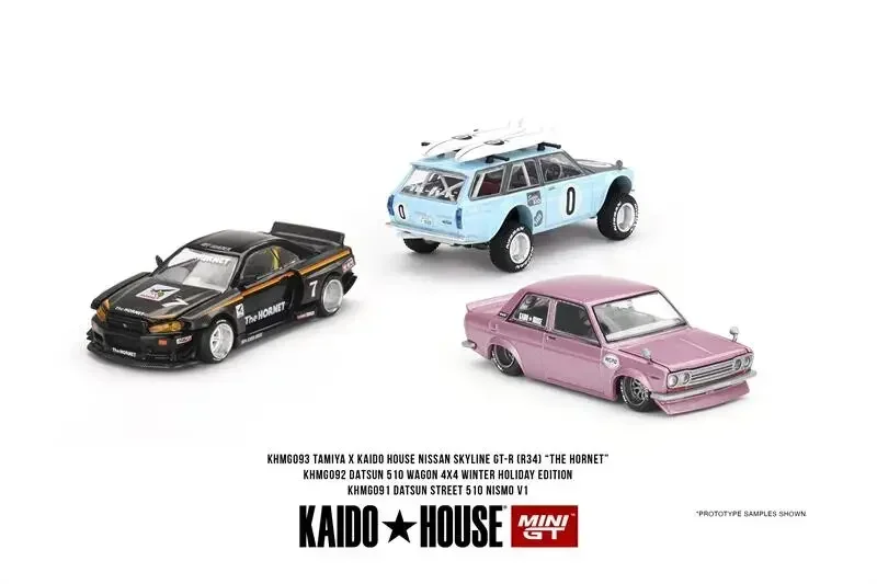 Kaido House x MINI GT 1:64 Datsun 510 Street V1 Pink/510 Wagon #0 Blue/ Skyline R34 V1 #7 Diecast Model Car