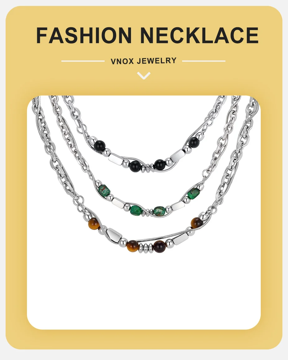Vnox Figaro Doppelschichtige Kettenhalskette für Männer, Edelstahl Türkis Tigerauge Onyx Perlen Verstellbarer Hip-Hop Schmuck Geschenk – Detail 1