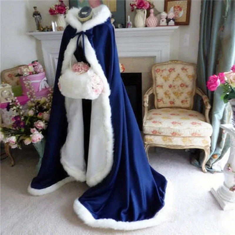 

Fall Winter Wedding Satin cloak Cape Christmas Faux Fur Trim Hooded Sweep Train Bridal Accessories Bride Satin shawl cloak