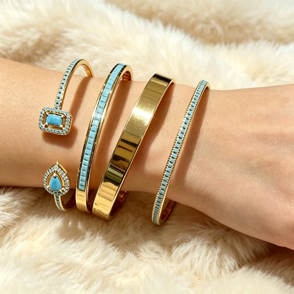 Türkisblaues Armreif für Damen, mit simuliertem Türkis und Zirkonia eingelegt, stapelbarer Armreif, luxuriöser Modeschmuck, Geschenk.