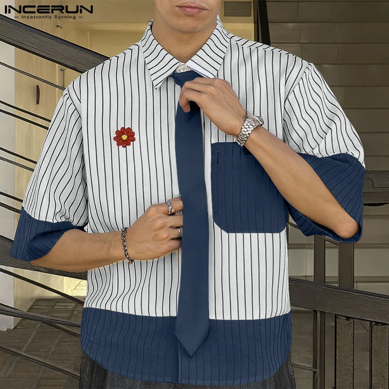 INCERUN الرجال قميص مخطط المرقعة التلبيب قصيرة الأكمام الرجال الملابس الشارع الشهير فضفاض الكورية نمط موضة قمصان الذكور عادية #3