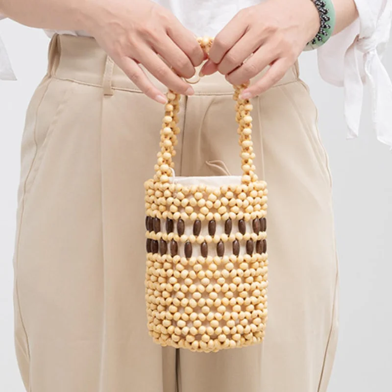 

Handmade Beaded Bucket Bag With Contrast Stripe Design Boho Style Lightweight Wooden Bead Weave Daily Commute Beach Trip Handbag