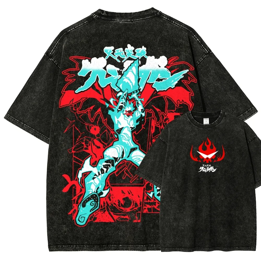 Summer Anime Tengen Toppa Gurren-Lagann Peripherals Print Washed Tshirt Tee Oversized Men Women Retro Washed Cotton T-shirts Top