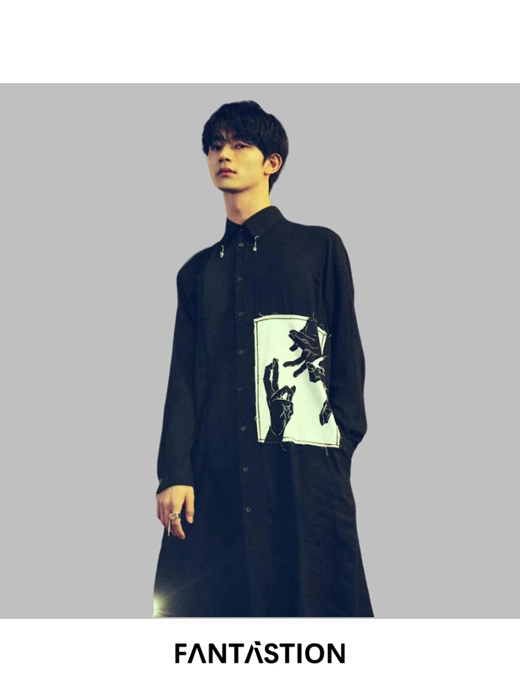 

FANTASTION designer fabric-paneled shirt, unisex loose oversized mid-length blouse with casual sophisticatio shirts