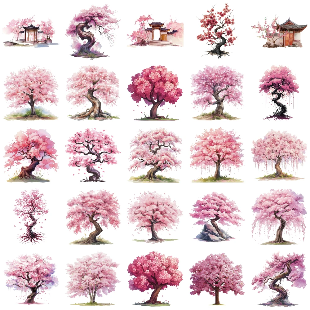 50PCS Creative Watercolor Peach Tree Ins Wind Stickers Phone Case Decoration Notebook PET Transparent Material Stickers