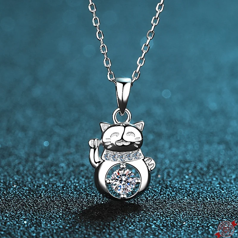 

0.3ct Moissanite S925 Silver Necklet Pendants for Women Men Plated Pt950 Lucky Fortune Cat Charms Necklace Jewelry Wholesale