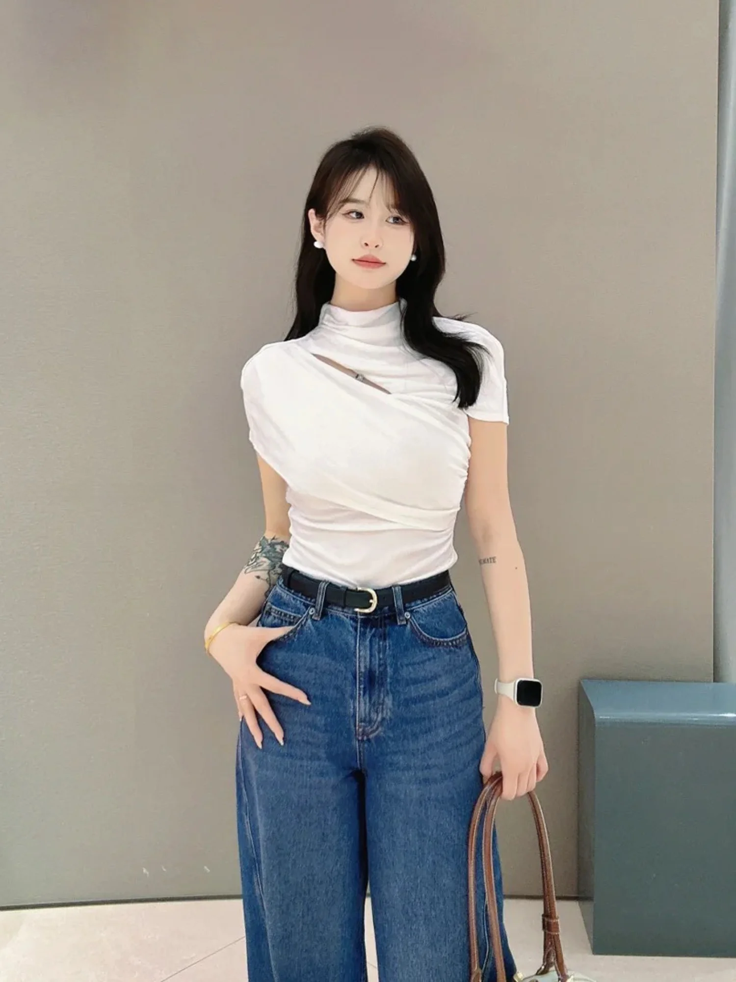 

Ele Casual Women's T-irt Spring Summer New Sle Faion Asymmetrical Pleated Hollow out Versatile ort Sve Top