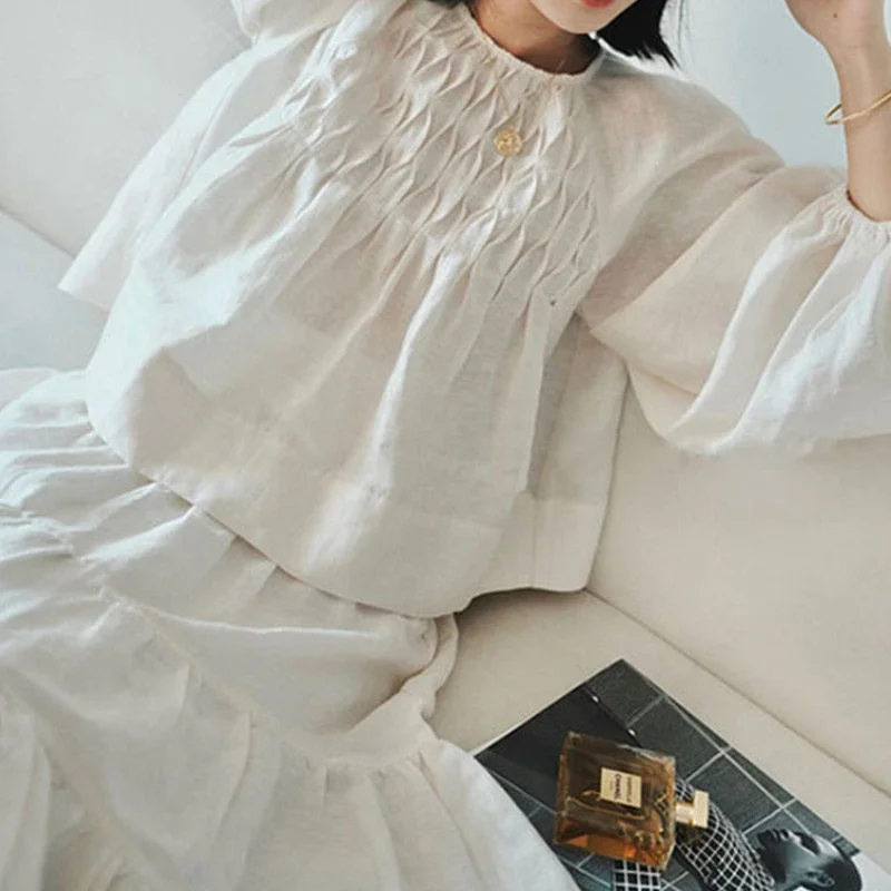 Kuzuwata Summer French Style Solid Color Blouse Pleated Design Fashion Casual Shirt Japan Sweet O-neck Long Puff Sleeve Tops