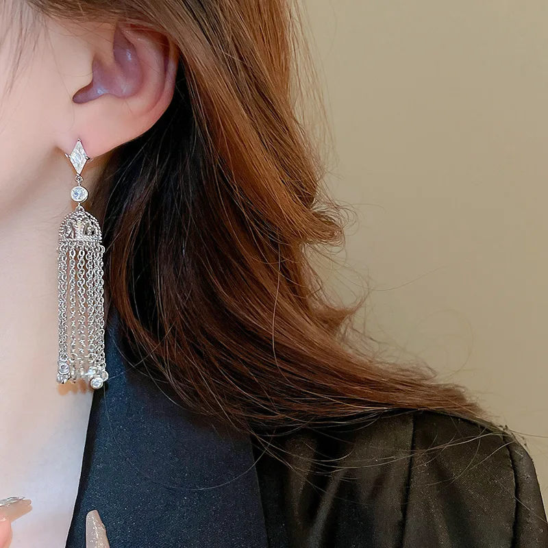 Diamond zircon lantern chain long tassel earrings exaggerated earrings