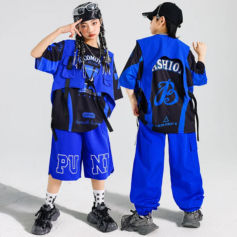 

Детский костюм для выступлений в стиле хип-хоп и уличных танцев, комплект с жилетом для мальчиков, костюм для выступлений на подиуме для девочек