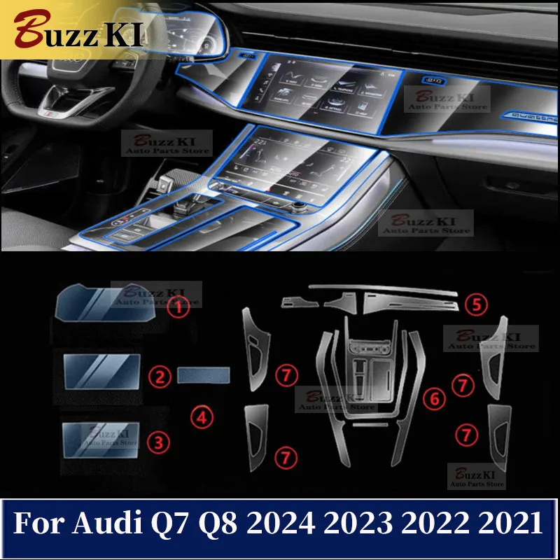 

Для Audi Q7 Q8 2024 2023 2022 2021: Защитная пленка из ТПУ для навигационной системы и элементов интерьера автомобиля, предварительно вырезанная, антицарапийная наклейка