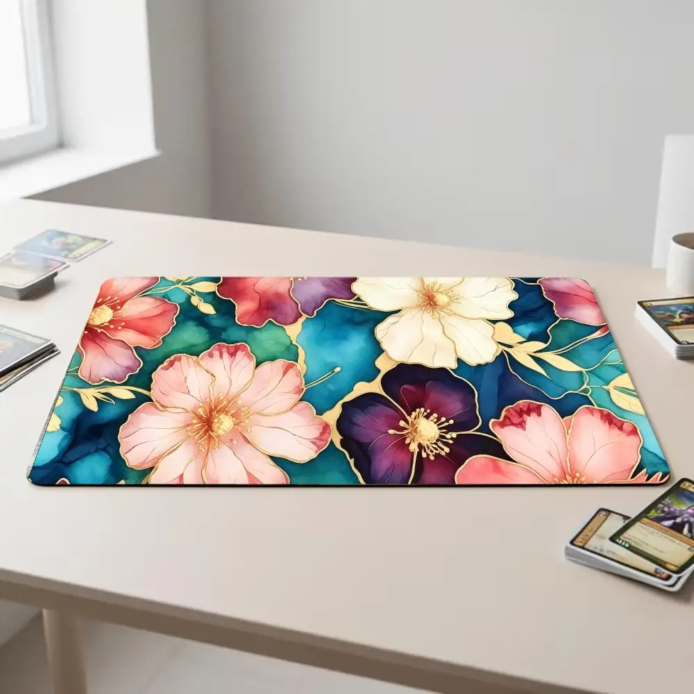 Large Floral Desk Mat, Teal Background Gold Line Flower Extended Mouse Pad, Non Slip Rubber Base Waterproof Keyboard Mat