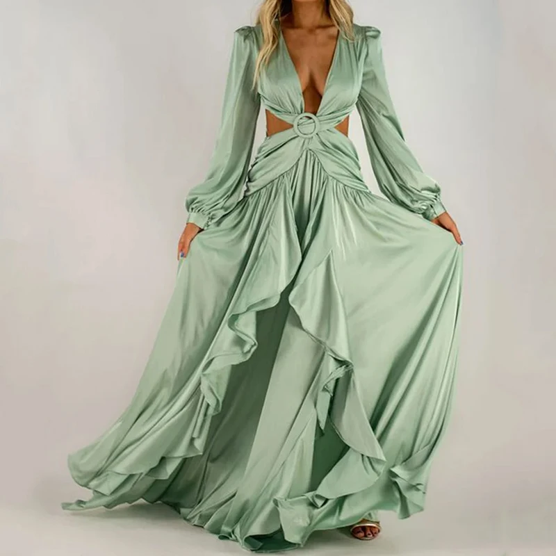 

Elegant Flare Sleeve Pleated Deep V-Neck Wedding Guest Evening Prom Dresses for Bride Special Occasion 2023