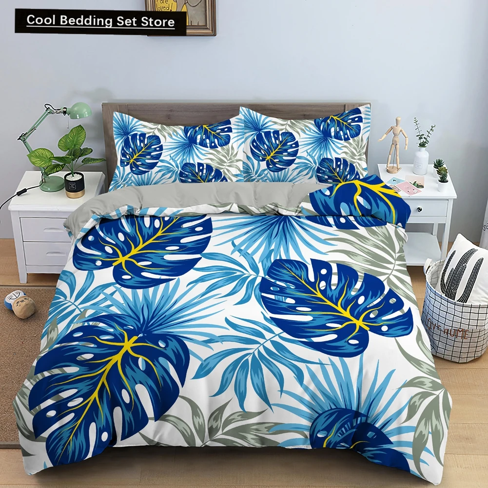 

Tropical Leaves Butterfly Printed Duvet Cover Bedding Sets with Pillow Case Luxury Polyester Bedspread Queen/King Size Gift Blue