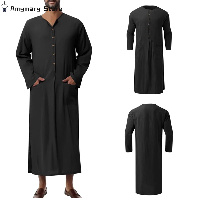 

NEW Muslim Men's Robe Casual Pocket Long Sleeve Abaya Islamic Ramadan Arabian Robe Ethnic Middle East T-Shirt Dress Tunic