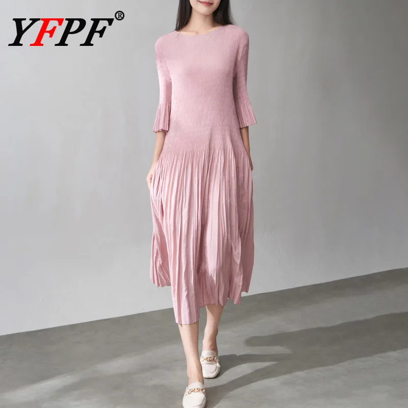 

YFPF Elegant Miyake Pleated Dress Women Short Sleeve Folds Solid Color A Line Long Dresses Fashion Female 2025 New Clothing