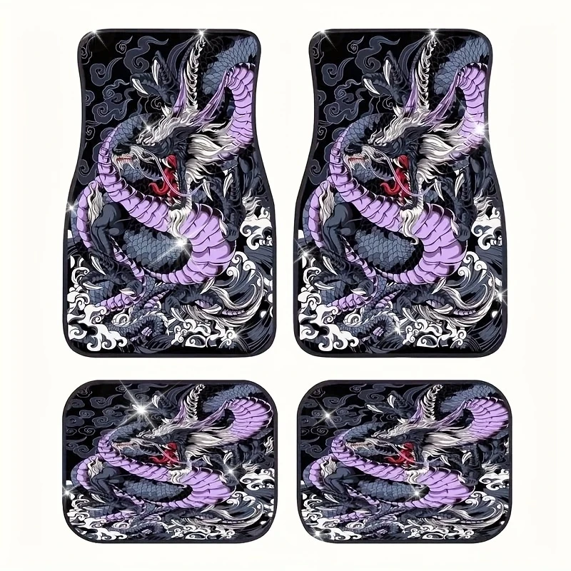 

[4pcs Dragon Car Mats] 4pcs Polyester Fiber Dragon Pattern Car Floor Mats | Decorative Car Mats For Sedan And SUV, Front And Rea