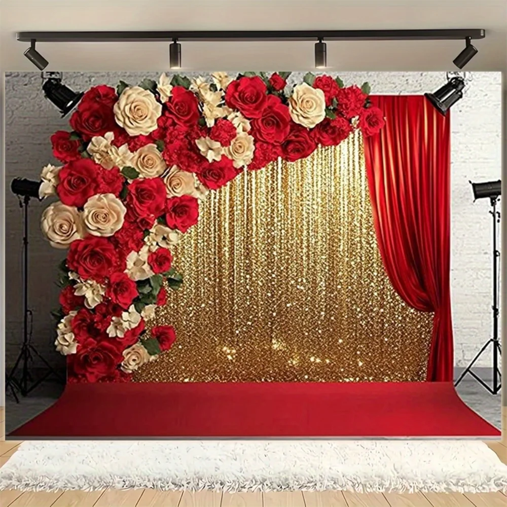 1-teiliger eleganter Fotohintergrund aus Polyester mit roten Rosen und goldenem Glitzer – geeignet für die Familie fcl