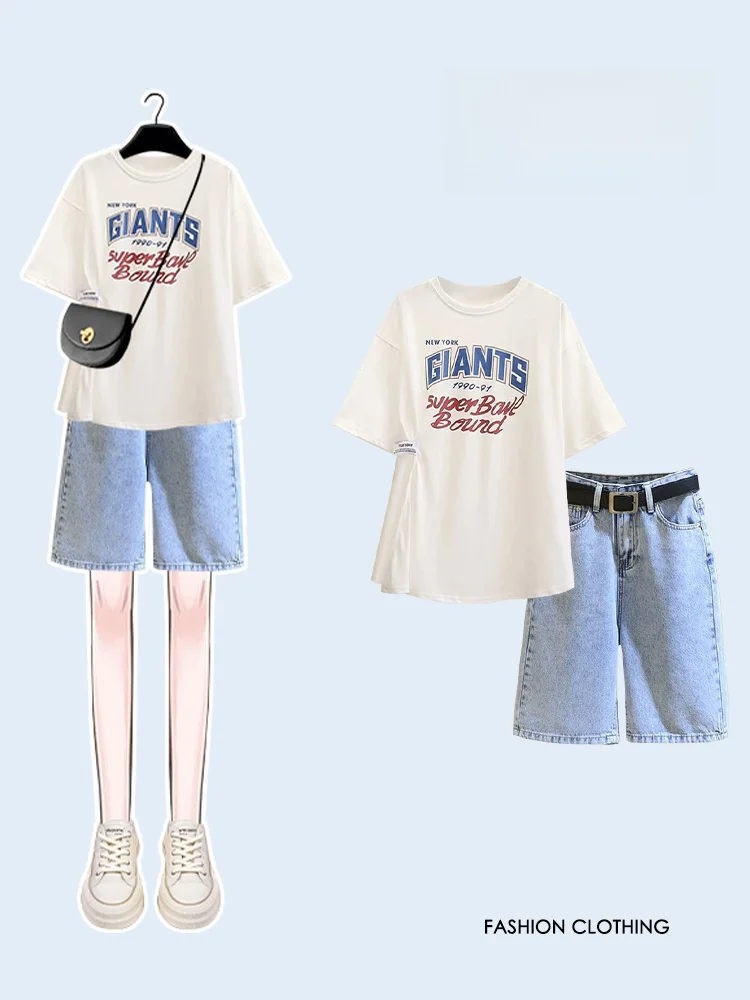 

plus Size Slimming Print ort Sve Top And Denim orts Casual Summer Outfit for Women plus Size Faion Student orm