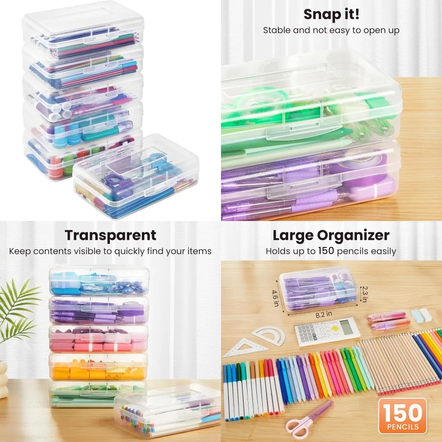 

Пластиковый пенал Sooez, коробка из 6 штук, большой органайзер для карандашей, ручка, пластиковые контейнеры с защелкивающимися крышками, штабелируемое хранилище для рукоделия