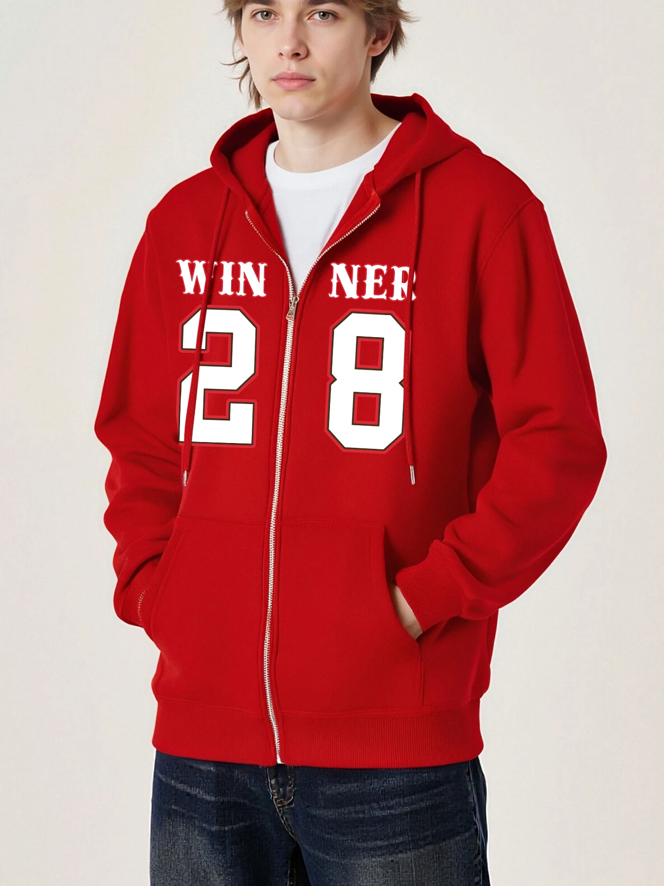 

Winner On The 28Th Print Zipper Jackets Male Fashion Hoodies Soft Fleece Streetwear Casual Vintage Street Men Loose Clothing