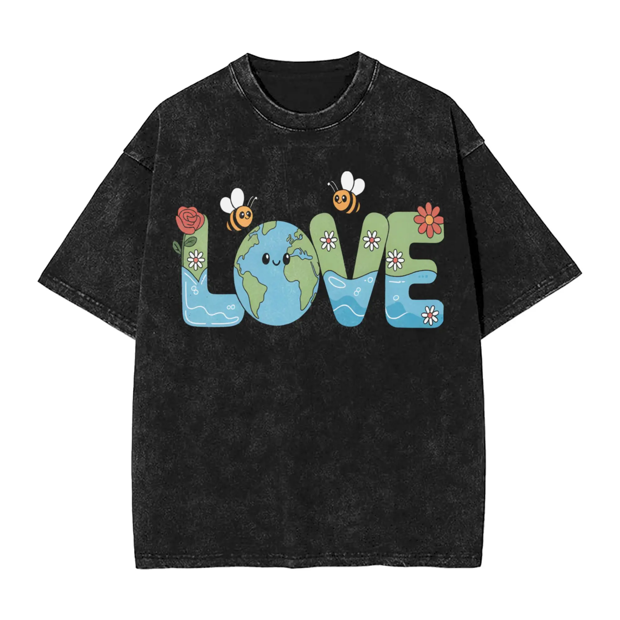 Earth Day Environmental Washed T Shirt Streetwear Hip Hop Vintage T-Shirts Tees Men Women Cotton High Street Graphic Printed