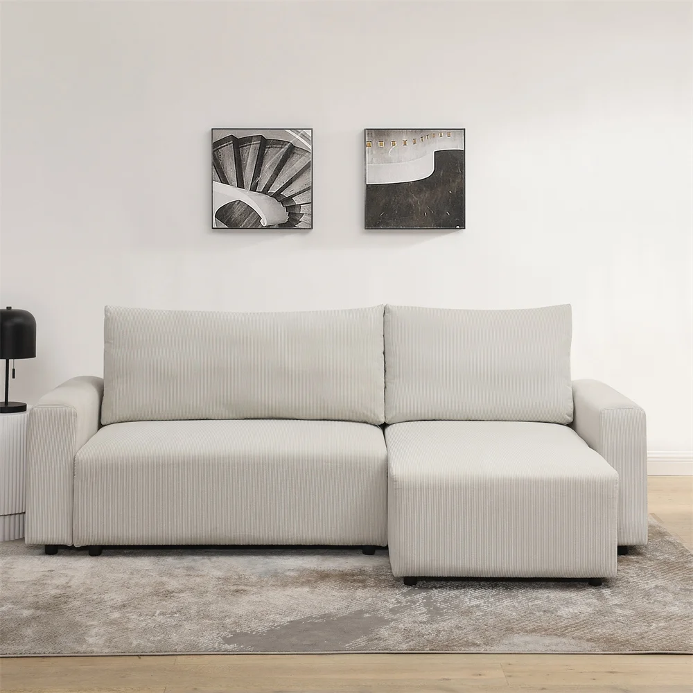 Customized L-shaped corduroy upholstered 3-seat telescopic bed sofa bed with sofa storage box, suitable for home office small