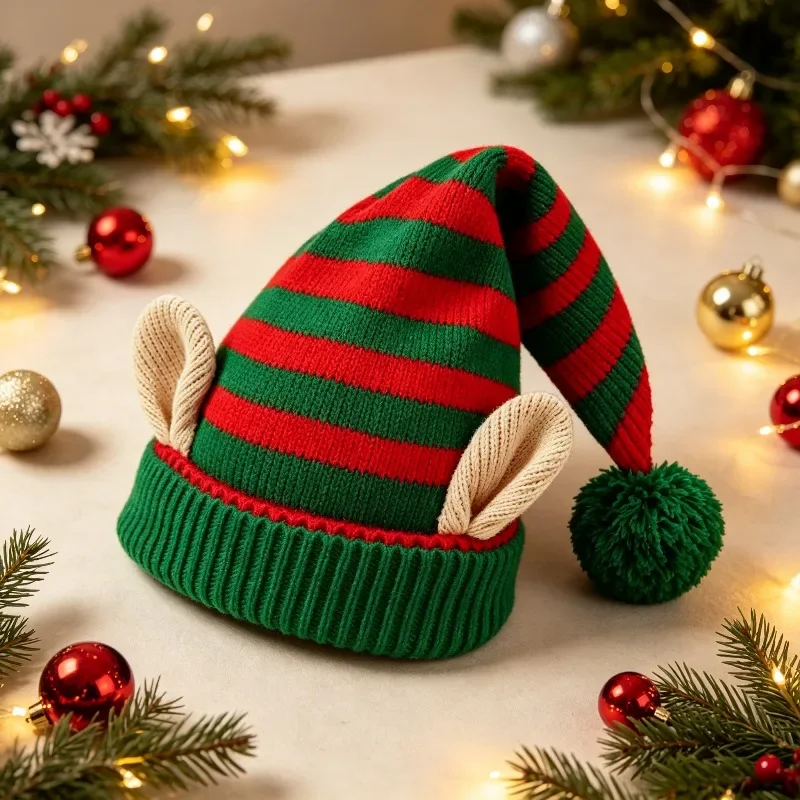 Bonnet de Lutin Rayé avec Oreilles et Pompon – Rouge, Vert ou Blanc – photo 1
