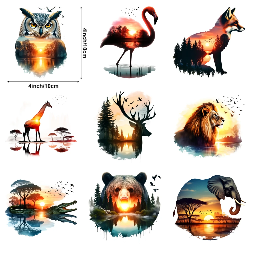 9 Pcs Animal Silhouettes Iron on Transfers for clothing, T-shirts, jeans, backpacks, hats, pillows. Iron on Decals for T Shirts