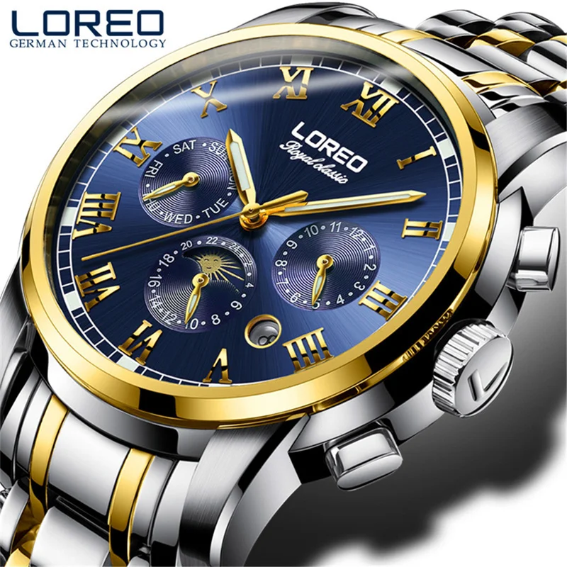 LOREO Luxury Multifunction Watches Men 316 Stainless Steel Strap Sport Waterproof Automatic Mechanical Wrist Watch Man Reloj