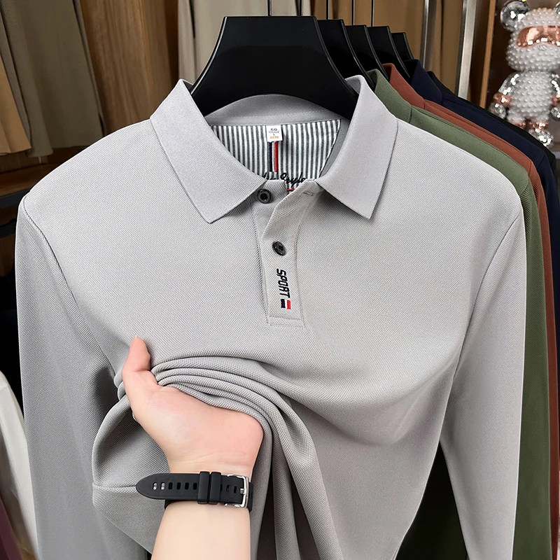 Hochwertiges Designer-Polohemd, Neuheit für Frühling und Herbst, einfarbig, wärmend, langärmelig, mit Kragen, exquisites modisches Herrenoberteil – Detail 2