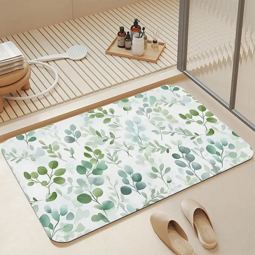 Bath Mats For Bathroom,Watercolor Green Leaf Bathroom Rugs,Spring Eucalyptus Leaves Diatomaceous Bath Rug Quick Dry, Non Slip Super Absorbent Low Profile