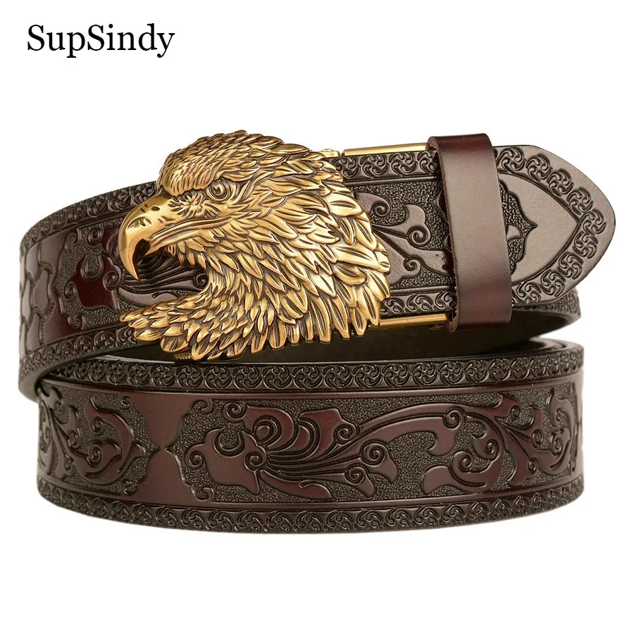 SupSindy Men Genuine Leather Belt Luxury Eagle Metal Automatic Buckle Cowhide Belts for Men Jeans Waistband Male Strap Black