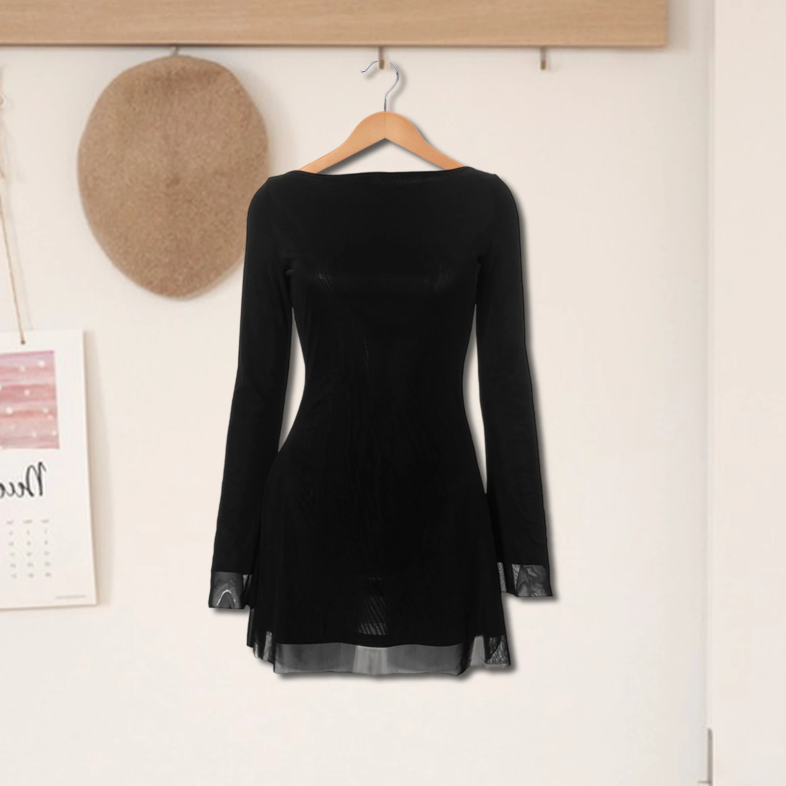 Mini vestido feminino de malha dupla camada, sólido, manga comprida, costas abertas, amarração, para festa diária, clube