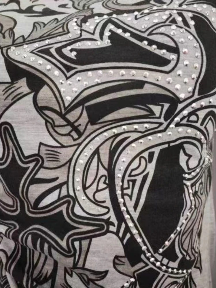 90년대 미국 빈티지 크로스 프린트 티셔츠 여성용 원 숄더 섹시 긴팔 슬림 티셔츠 가을 Y2K 디자인 감각 얇은 다이아몬드 탑