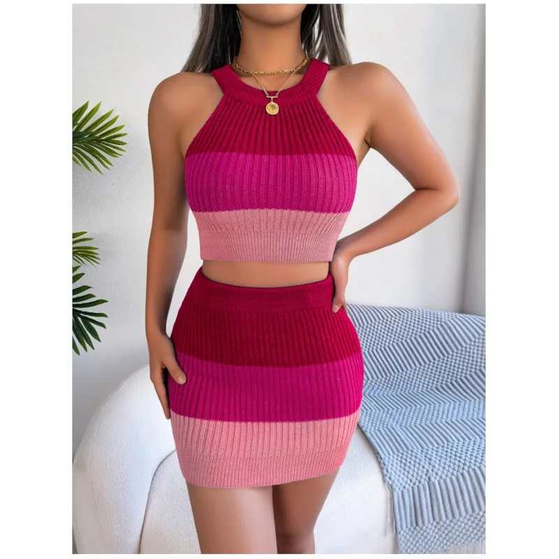 Women's Sweater Sexy Gradient Blue Leaky Umbilical Round Neck Sleeveless Top Wrapped Hip Skirt Set Women's Slimming 2-piece Set