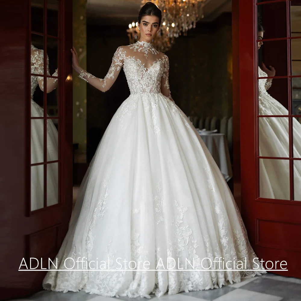 Arabisches Hochzeitskleid, maßgeschneidert, Stehkragen, volle Ärmel, Pailletten-Applikation, durchsichtiges Spitzen-Brautkleid, Vestidos de Novia