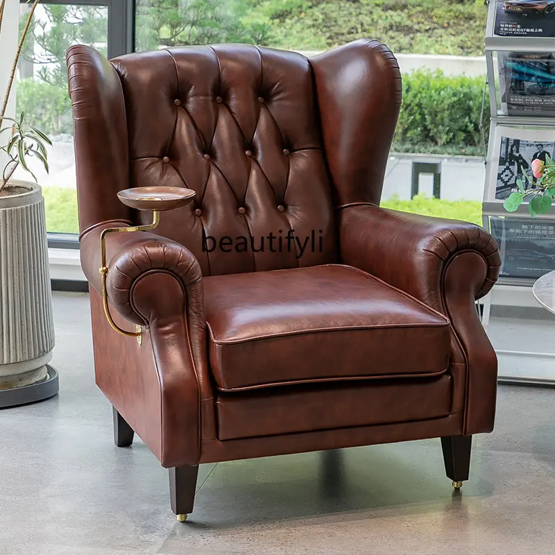 American  Wingback Chair Retro Single Sofa Living Room  Godfather Chair First Layer Cowhide Genuine Leather Chair Cigar Chair