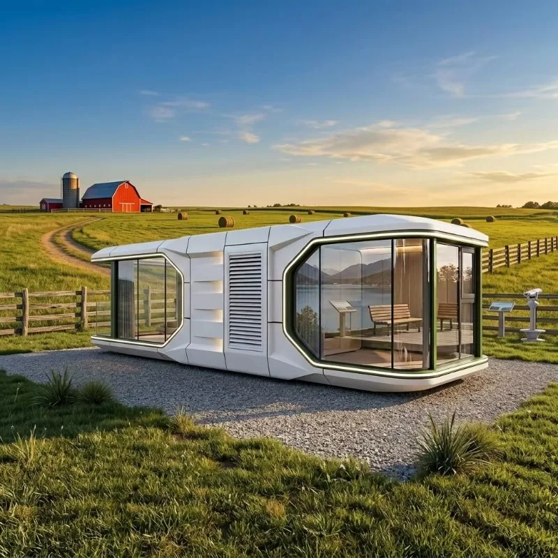 Casa Cápsula Espacial de Lujo, Cabaña Modular Prefabricada para Resort, Hotel, Glamping, Campamento, Alojamiento Inteligente Panorámico con Baño