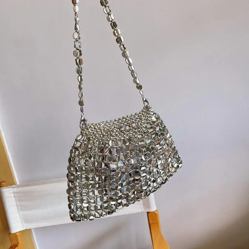 Vintage Handmade Ladies Handbag Weave Beaded Fashion Silver Color Shining Sequin Shoulder Bag Clutches Womens Party Handbag 2023