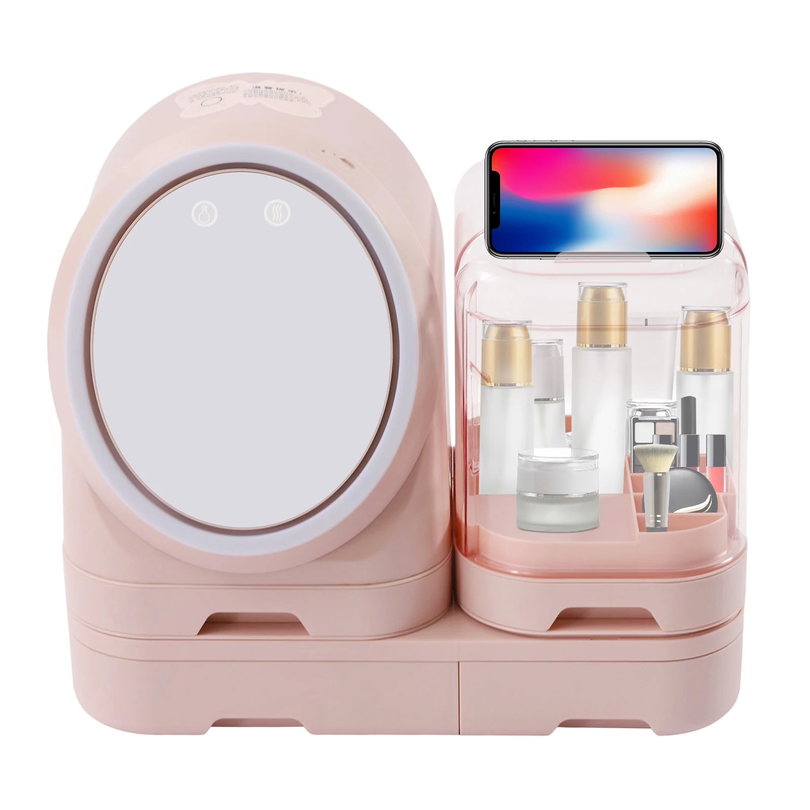 Caja de almacenamiento de cosméticos de escritorio, estuche de belleza de joyería de maquillaje con espejo, luz Led rosa