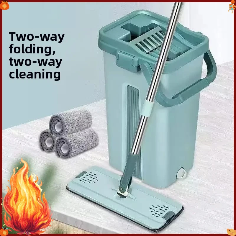Flat Squeeze Mop with Bucket Hands-Free Microfiber Dry Wet Dual Use Wood Floor Tile Multi-functional Cleaning Tool Hands-Free