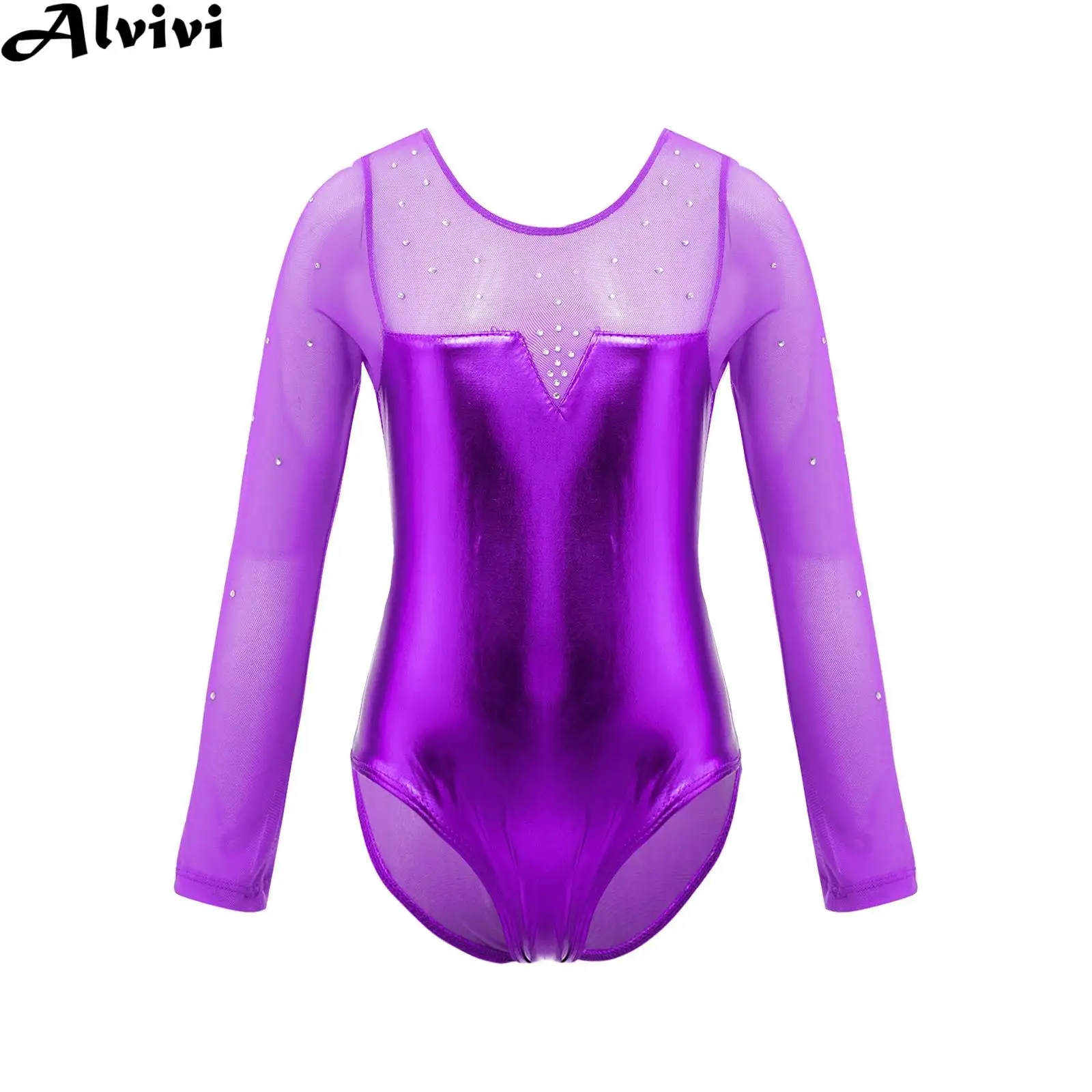 

Kids Girls Long Sleeve Sequin Sheer Mesh Bodysuit Ballet Skating Rhythmic Gymnastic Acrobatics Leotard Dance Class Dancewear