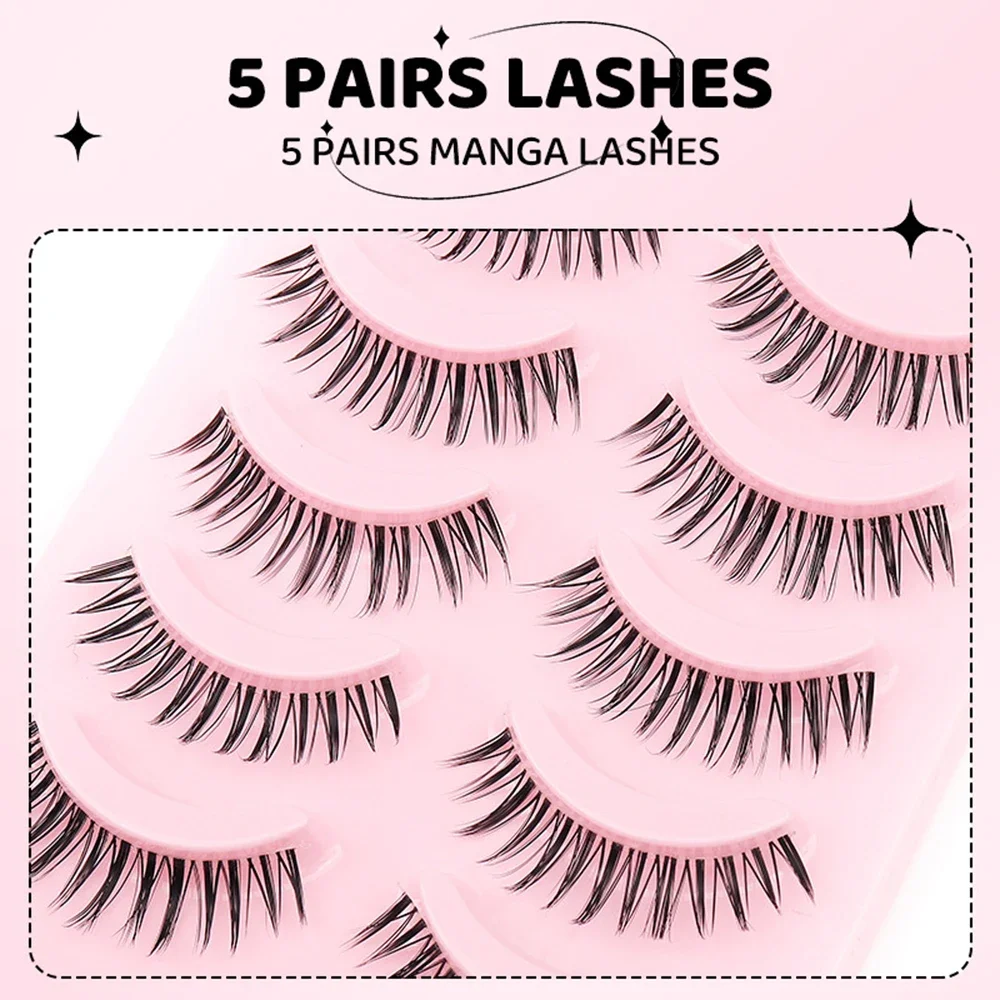 5 Pairs Whole Strip Manga Lashes Soft Natural Long False Eyelashes Transparent Stem Fake Eyelash Design DIY Extension