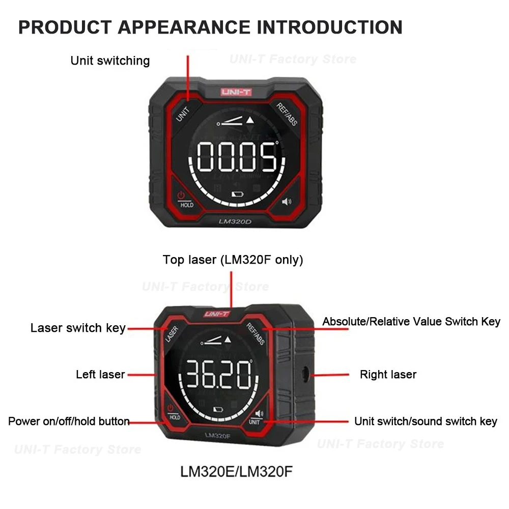 UNI-TLM320D LM320E LM320FInclinometer Digital Angel Meter with Relative Absolute Angle Measurement 4×90° Magnetic Inclinometer
