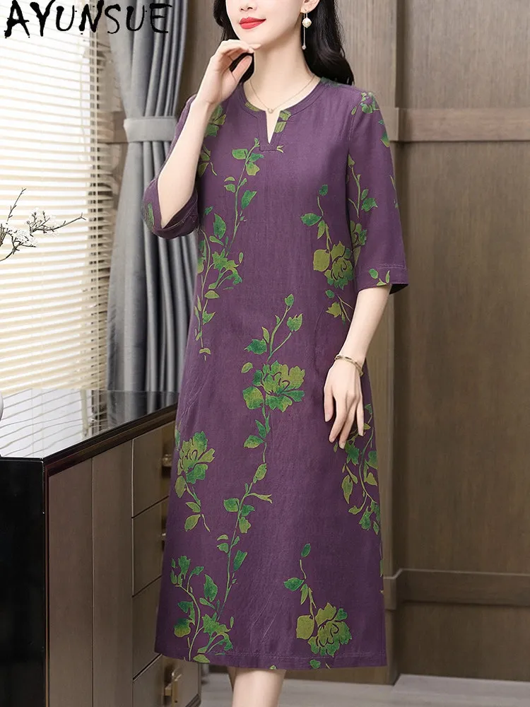 AYUNSUE 100% Mulberry Silk Party Dress Women Elegant Womens Dresses Embroidery Summer Clothes Loose Gambiered Guangdong Gauze