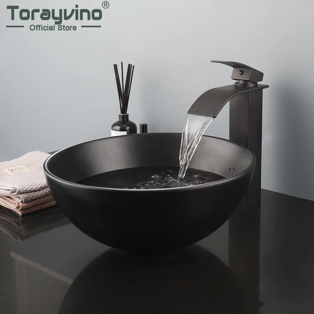 

Torayvino Round Glass Tempered Basin Sink Washbasin Faucet Set Bathroom Counter Top Washroom Vessel Vanity Sink Mixer Water Tap