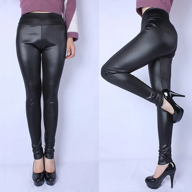 Black Pu Leather Skinny Pants Women Sexy Slim Fit Elastic Pencil Pants Ladies Solid Color PU Leather Party Trousers