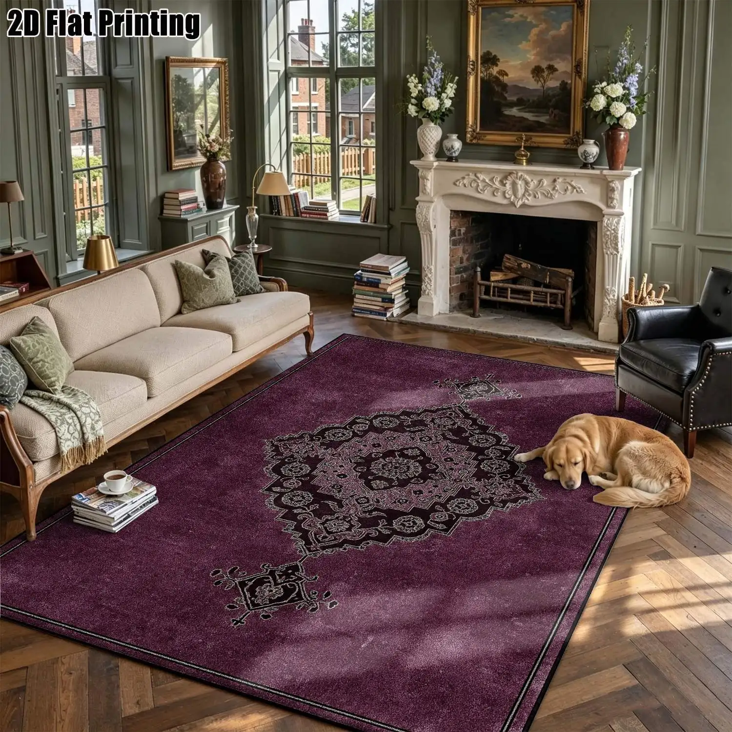 1Pc 2D Printed Deep Purple Retro Geometric Carpet European/Retro/Bohemian Style, Home Decor, Multi-Size, Machine Washable, for Entryway, Living Room, Bedroom, Dining Room, Foyer.
