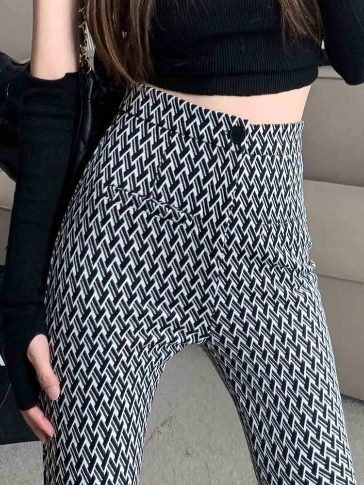 Diamond grid micro flared casual pants women in autumn 2025 new high waisted slim fit versatile floor length flared pants